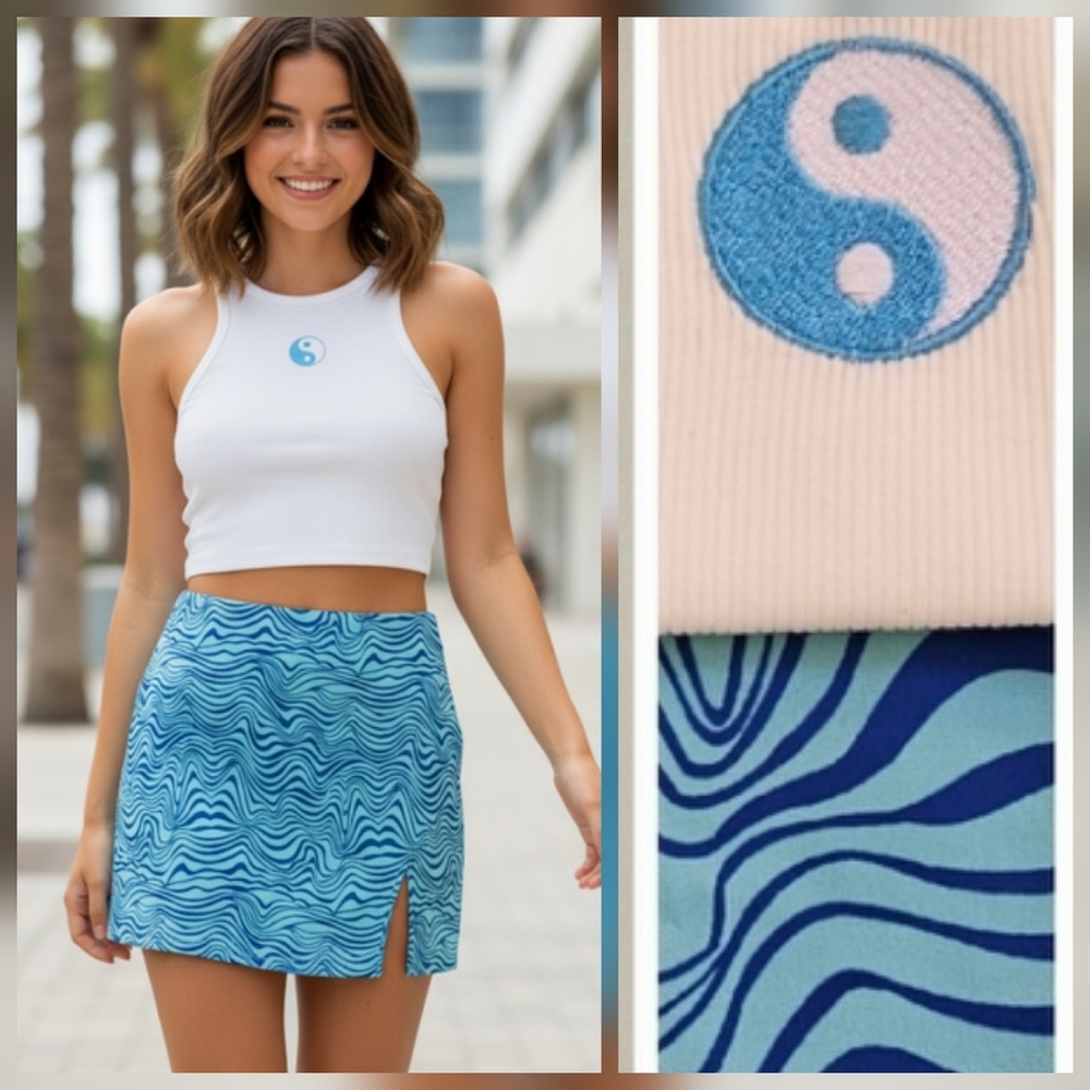 SHEIN Yin & Yang Embroidery Crop Tank & Wave Print Notched Hem Skirt Set Size S